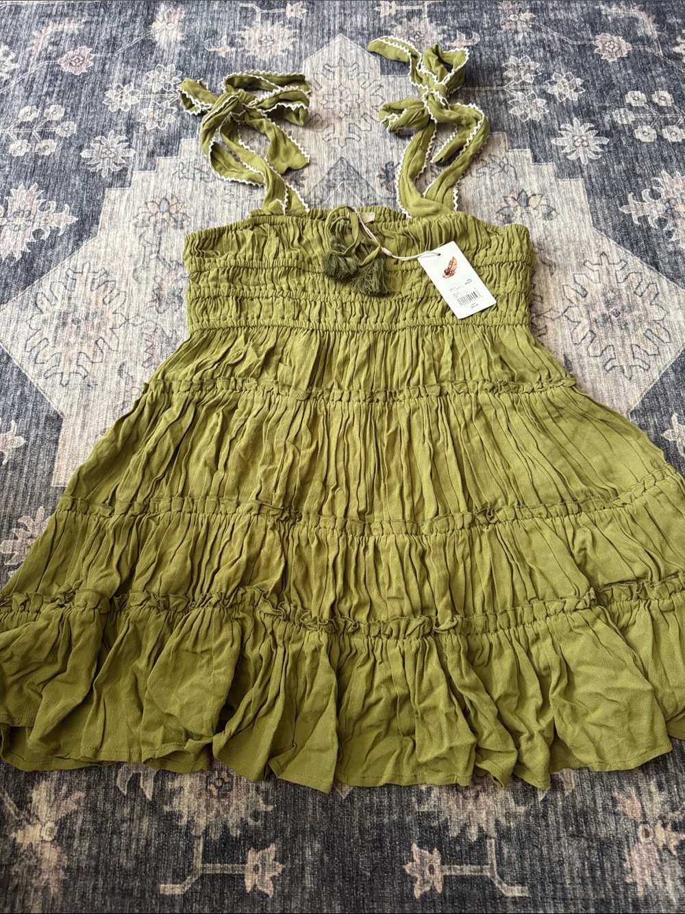 Chelsea & Violet Olive Tie-Shoulder Smocked Tiered Mini Dress